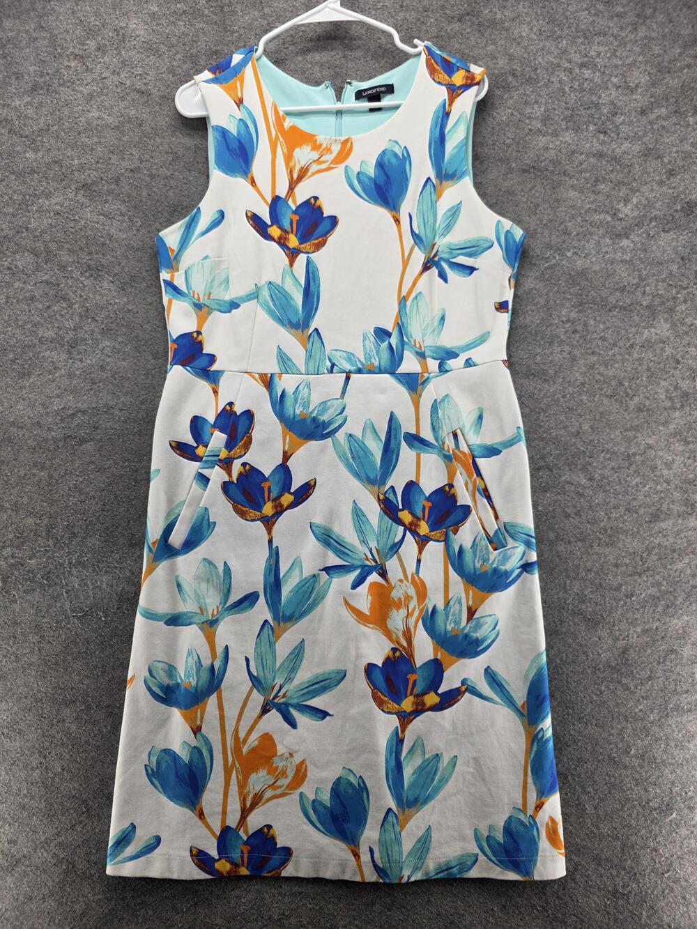 Lands End Dress Womens 14 Tall White Fit & Flare Sleeveless Floral